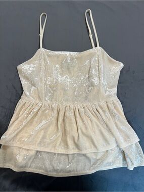 American Eagle Crushed Velvet Babydoll Top Womens Cream Ruffle Smocked Y2K Sz S